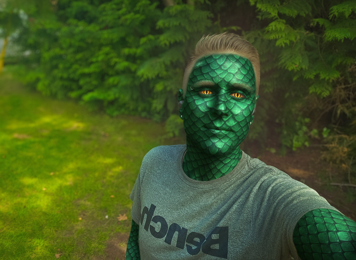 [edit] Give the man emerald green dragon scales for skin and lizard eyes in addition to brightening the image.