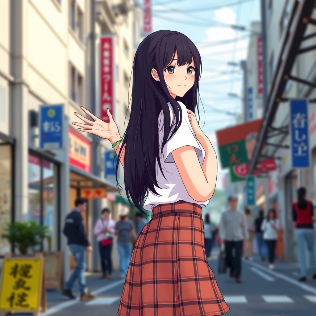 An attractive young Japanese woman in a plaid skirt and white top, long black hair, on a city street. Side to camera. Waving to someone