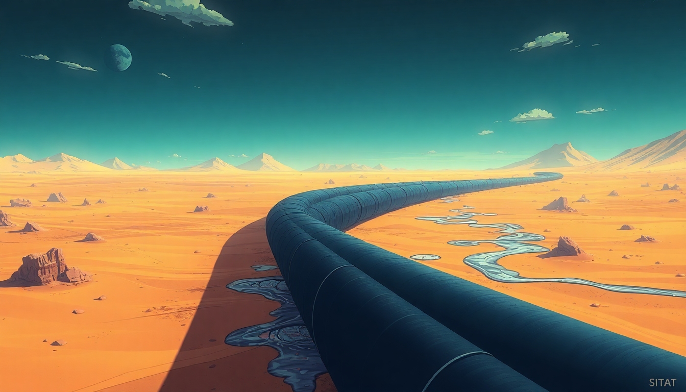 A big pipeline running through the desert with several leaks where binary data leaks out, the leaks are fixed with wound dressing and plasters