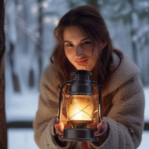 a young woman holding an antique lantern by its curved iron handle, not touching the glass body, the lantern has a metal ring handle attached on top, glowing softly, realistic lighting, snowy forest background