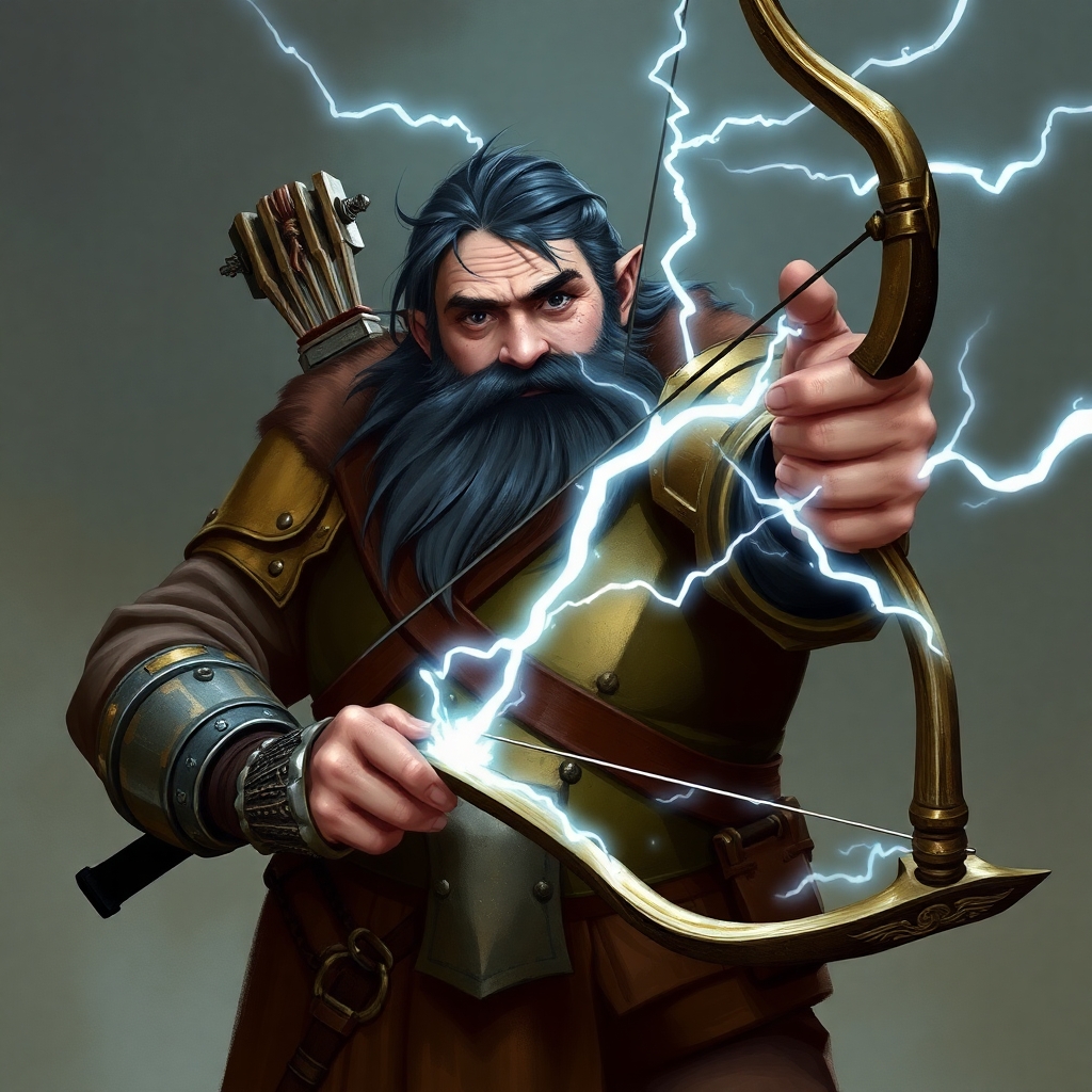 A fifth-edition dungeons and dragons character who is a middle-aged dwarf ranger. He has a wide build, black hair, gray eyes, weilds a magical bow that creates lightning, and wears a mithril breastplate.