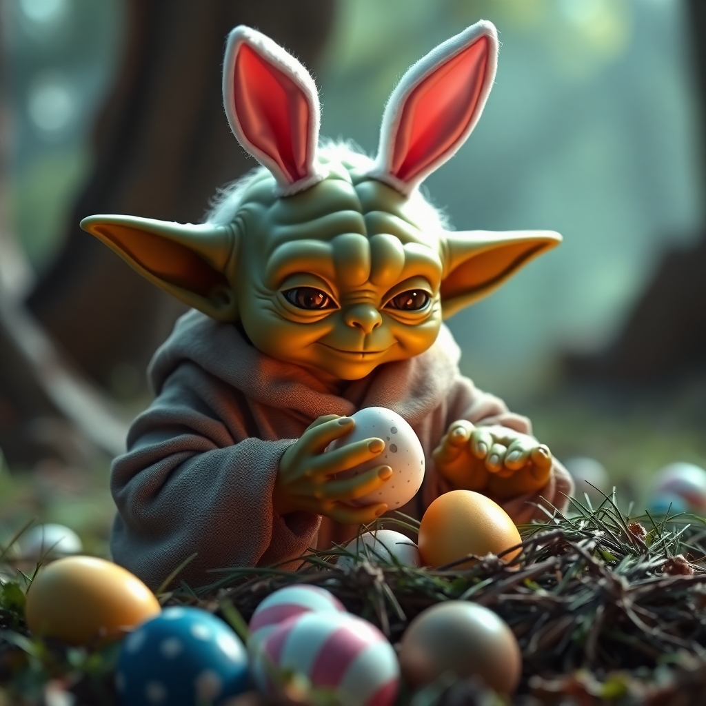 Yoda gathering Easter Eggs, wearing bunny ears on top of his head