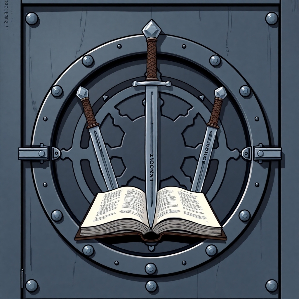 A lage sealed steel door locked with a large sigil featuring three upside down swords in front of an open book. Upon the hilt of each sword is written the words: Duty, Honor, Loyalty. Each in a different order. The art style should be comic style.