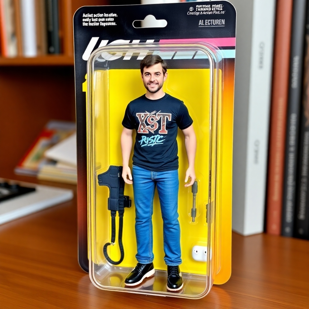Draw an action figure toy of the person in this photo. The figure should be a full figure and displayed in its original blister pack. He always has (a Rush or XTC band t-shirt on, blue jeans, black Skechers, AirPods Pro in his ears, and his iPhone 16 Pro Max).