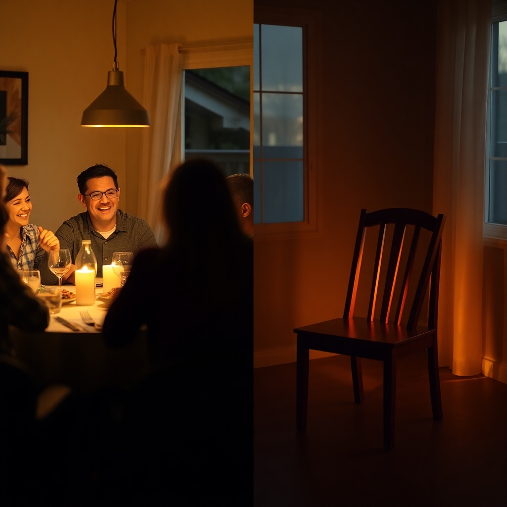 split-image concept: On the left, a family laughing at a dinner table (happy, secure). On the right, a dimly lit, empty chair at the same table