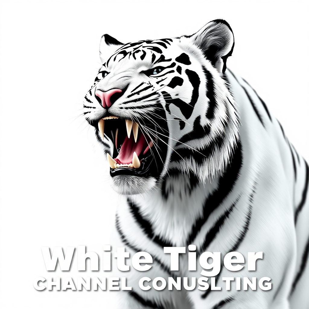 White Tiger with head to the side and mouth open showing teeth and make it a drawing and below the picture place White Tiger Channel Counsulting in bold arial