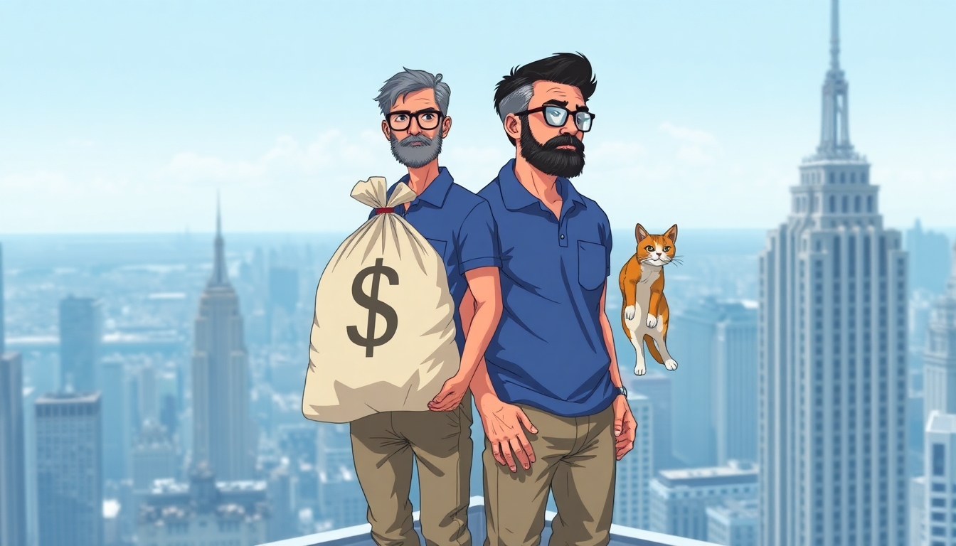 A robot and a man stand side by side on top of the New York Stock Exchange building. The man, with black hair streaked with grey and a thin salt-and-pepper beard, wears glasses, a blue polo shirt with a pocket, and khaki pants. The man has just dropped a large banking bag of money with a large $ printed clearly on the bag. The robot has simultaneously dropped a cat. Both are looking down as they watch curiously from the top of the building as the money and the cat fall to the street below.