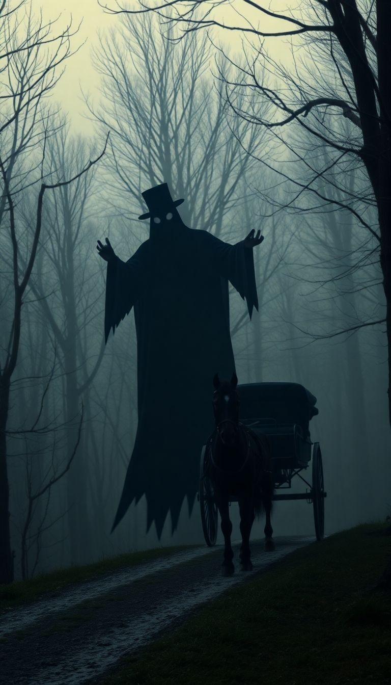A dark ghost with a top hat on the edge of a wood at dusk scaring a horse drawn carriage