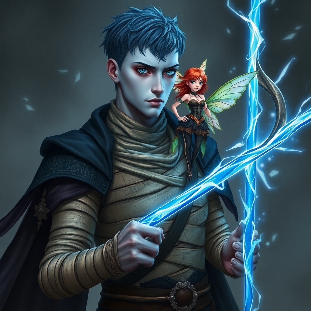 a pale grey skinned Doppelganger with short blue-black hair, black eyes, grey irises, thin lips, no nose. their torso covered in mummy bandages that are etched in multicolor runes. one shoulder draped in a ornate almost black cloak. they are wielding magical energy gripping in one hand an entwining elongated shaft of blue and white light. standing upon his shoulder is a very tiny redheaded female sprite with iridescent wings, wearing a corset and skirt made of leaves and vines holding a ornate recurve bow