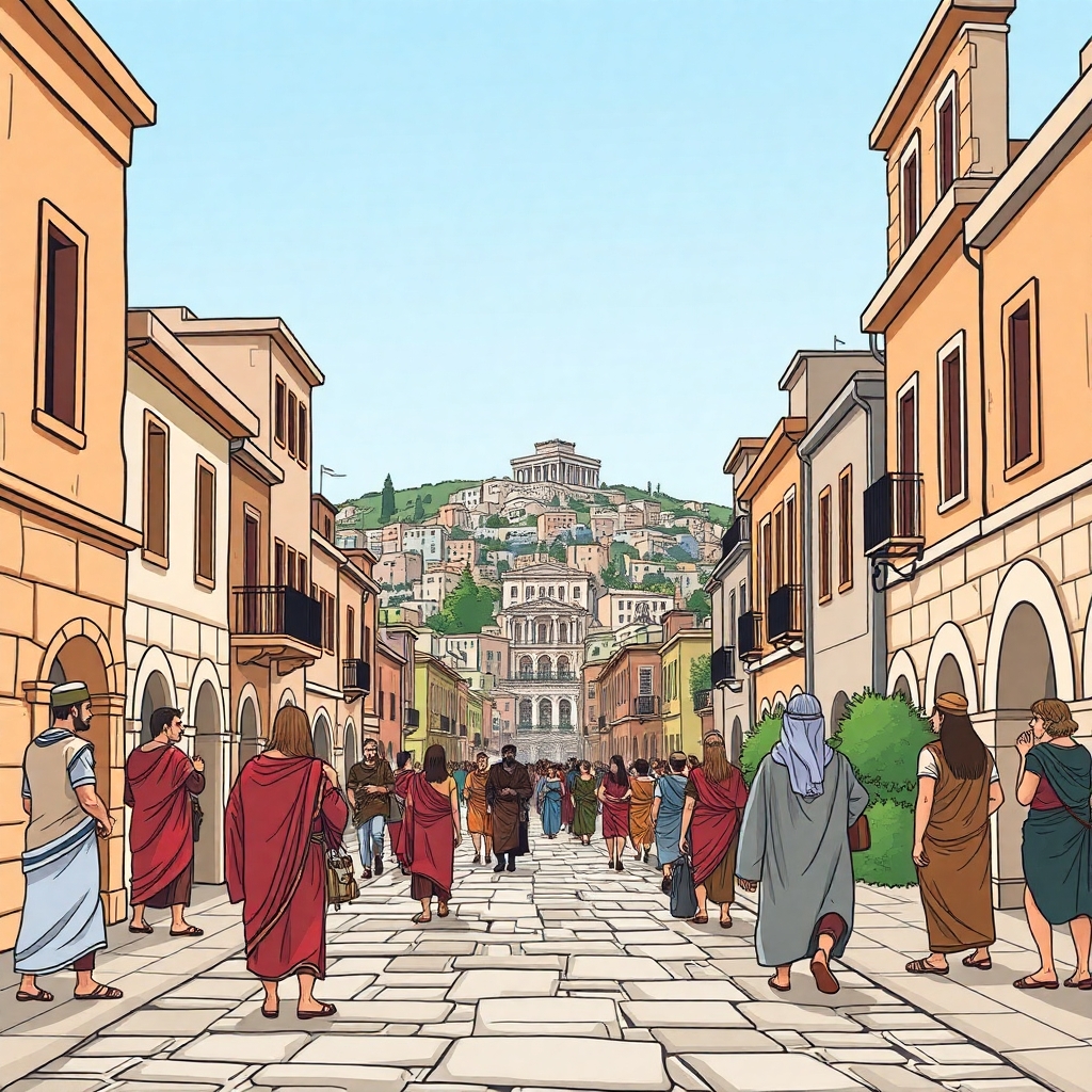 A cartoon drawing of the  Ancient Greece town of Athens in 815 BC.  A long view of the city as if walking down the middle of ancient  Athens in 815 BC with buildings on both sides of the street as the town gets smaller in the distance with people in ancient Greece time period clothes of 815 BC on the street living everyday life.