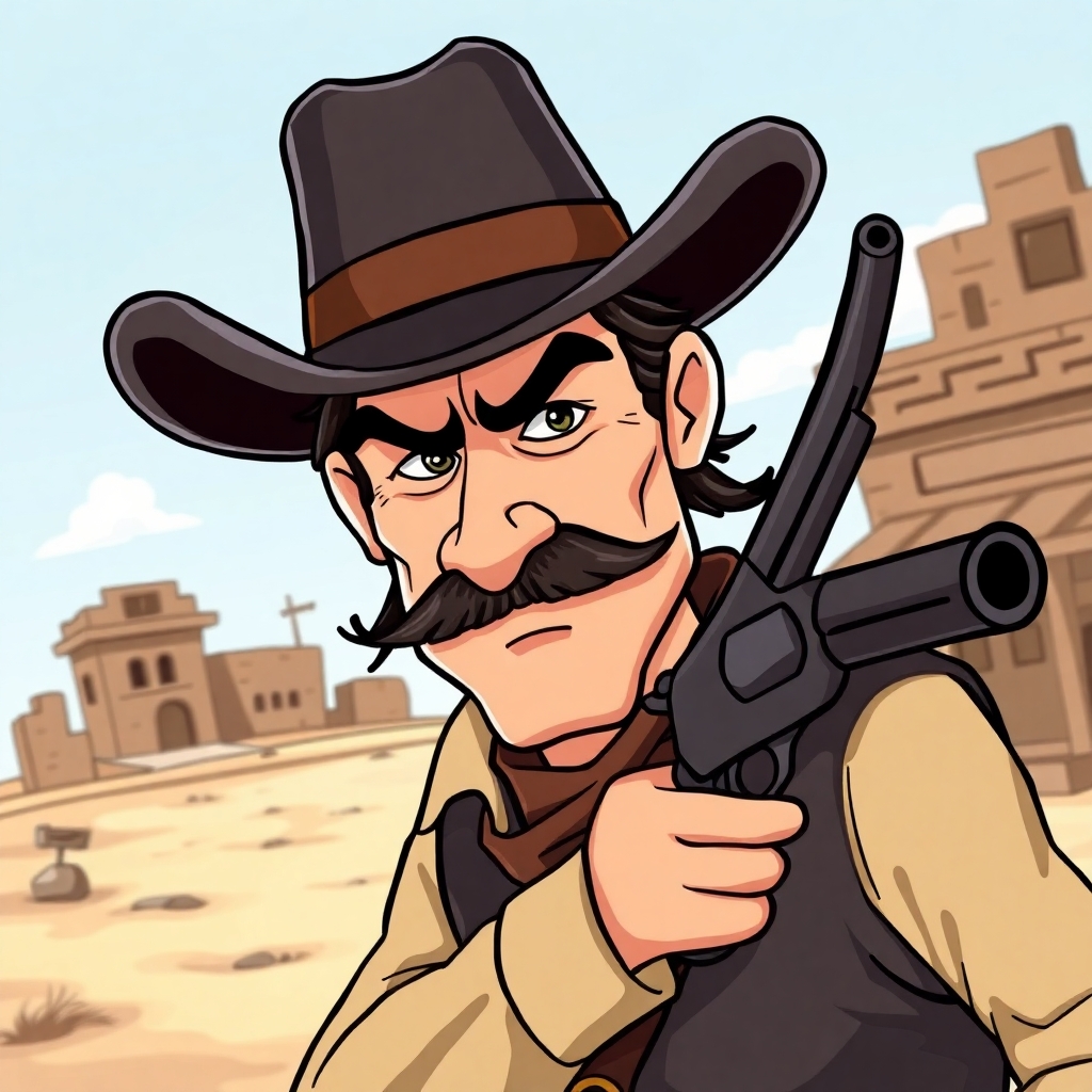 Create a cartoon drawing for a children's book of Doc Holiday in Dodge city in 1875. Make him look tough and menacing with a six shooter gun . make him with with black hair and a black moustache wearing a black cowboy hat