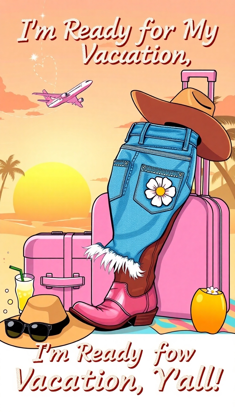 fun and colorful vacation poster in a retro-meets-Western style. A pair of frayed denim Daisy Dukes with rhinestone studs and a daisy flower on the pocket is draped over a cowgirl boot resting beside a pink rolling suitcase. The background features a sunset beach scene with palm trees, sparkles in the sky, and an airplane leaving a heart-shaped smoke trail. Nearby, a wide-brimmed cowgirl hat rests on a beach towel, next to a coconut drink and cat-eye sunglasses. Text in glittery retro lettering says: ‘I’m Ready for My Vacation, Y’all!’. The color palette includes soft pinks, golden oranges, denim blue, and hints of turquoise. Style is playful, feminine, and perfect for a southern summer escape.