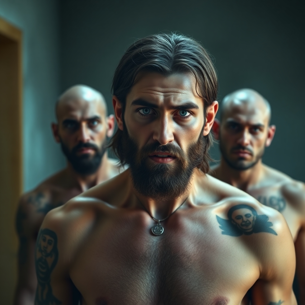disgusted looking Jesus in a prison with shirtless tattooed men with shaved heads behind him