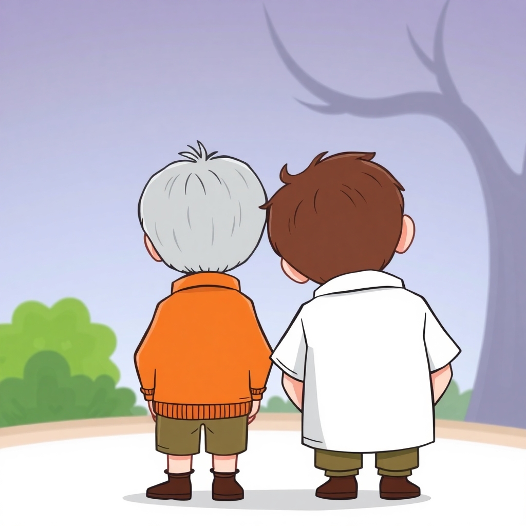 a cartoon drawn little boy with brown hair and his grandfather with short gray hair standing side by side nest to each other from behind. https://www.imagiyo.com/images/mxkaz6Y5aJ0P/view