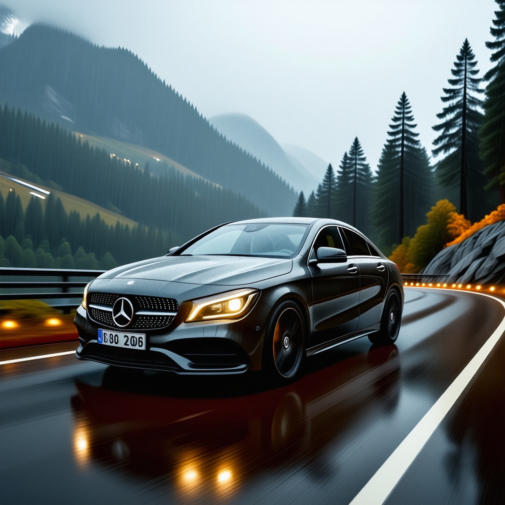 Mercedes Benz CLA250 in Mountain Gray Metallic color, speeding down a winding mountain road in the dark rainy weather with halo headlights on