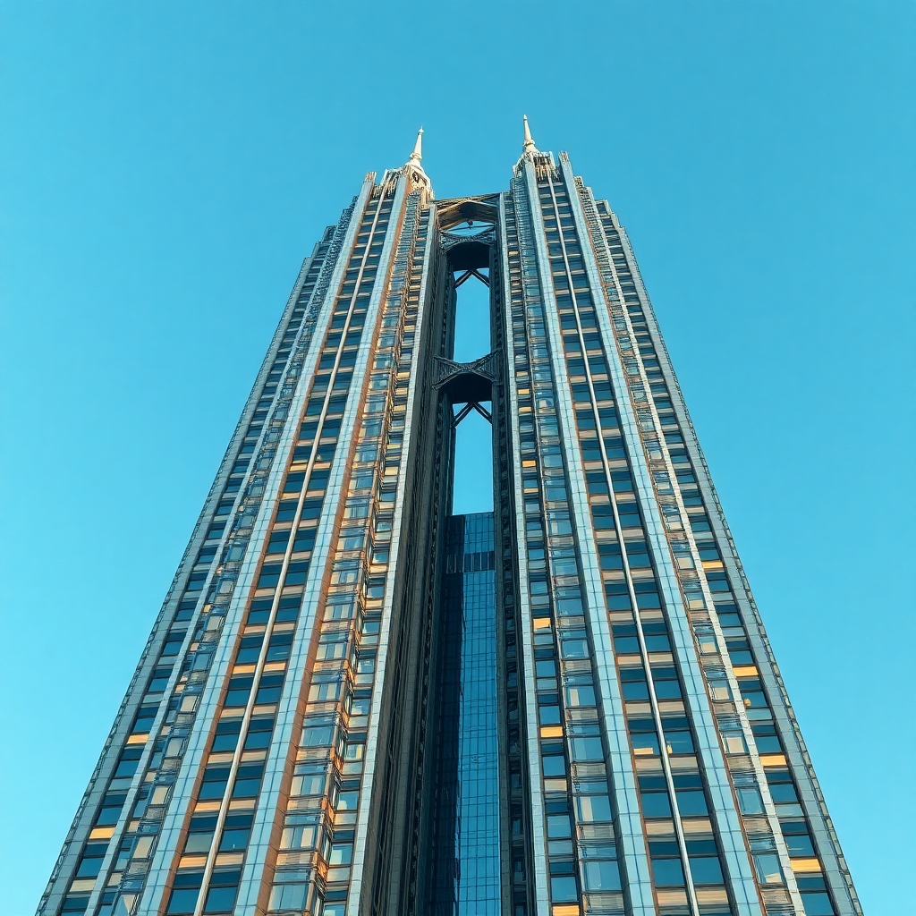 neo art deco commerical skyscraper with beams similar to the twin towers but different shape