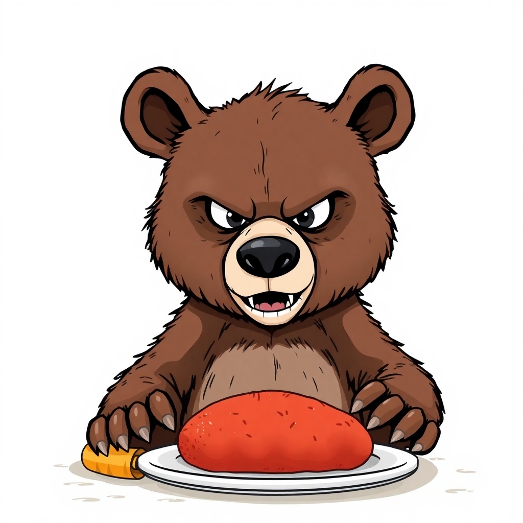 a cartoon drawing for a children's book of a sinister looking bear who has just cornered his dinner.  Front view of the bear