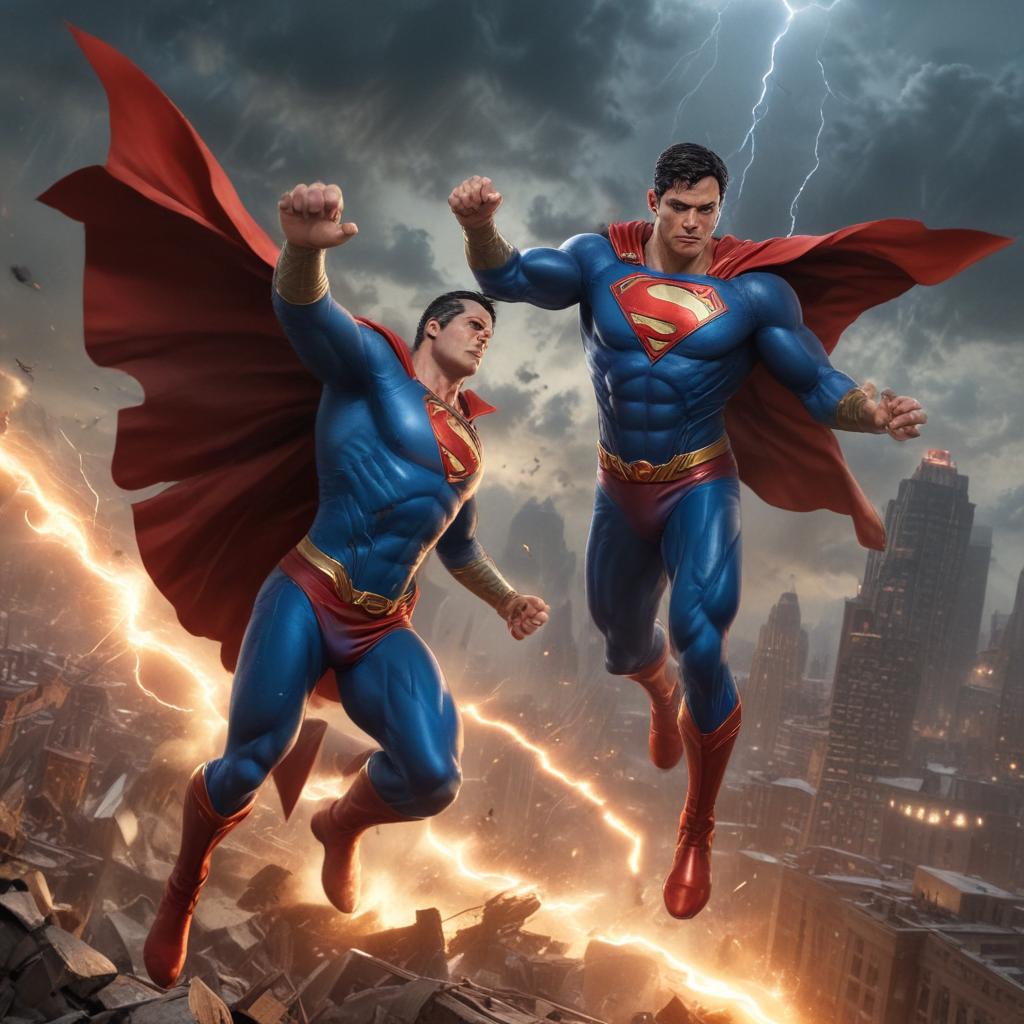 A high-resolution, ultra-detailed illustration of Superman and Captain Marvel (Shazam) engaged in an epic aerial battle above a destroyed cityscape at dusk. Superman, in his iconic blue suit and red cape, unleashes heat vision with fierce intensity, while Shazam counters with a powerful magical lightning strike from his glowing hands. The sky is dark and stormy, lit by lightning flashes and debris flying from collapsed skyscrapers below. Both heroes look determined and battle-worn, muscles tense, capes torn. The energy and power around them distorts the air. Comic book style with dynamic lighting, motion blur, and dramatic shadows. Epic showdown, explosive energy, heroic proportions.