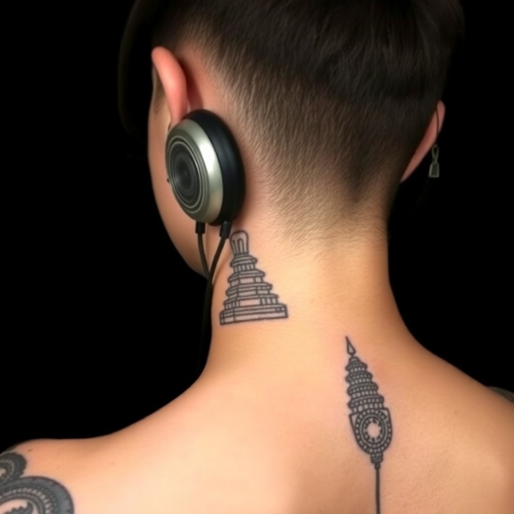 1. HEADPHONE TATTOO (NECK/UPPER BACk and chest) 	•	Style: Mayan-stylized headphones — thick curved arcs mimicking audio coils, wrapped in stepped temple glyphs.
