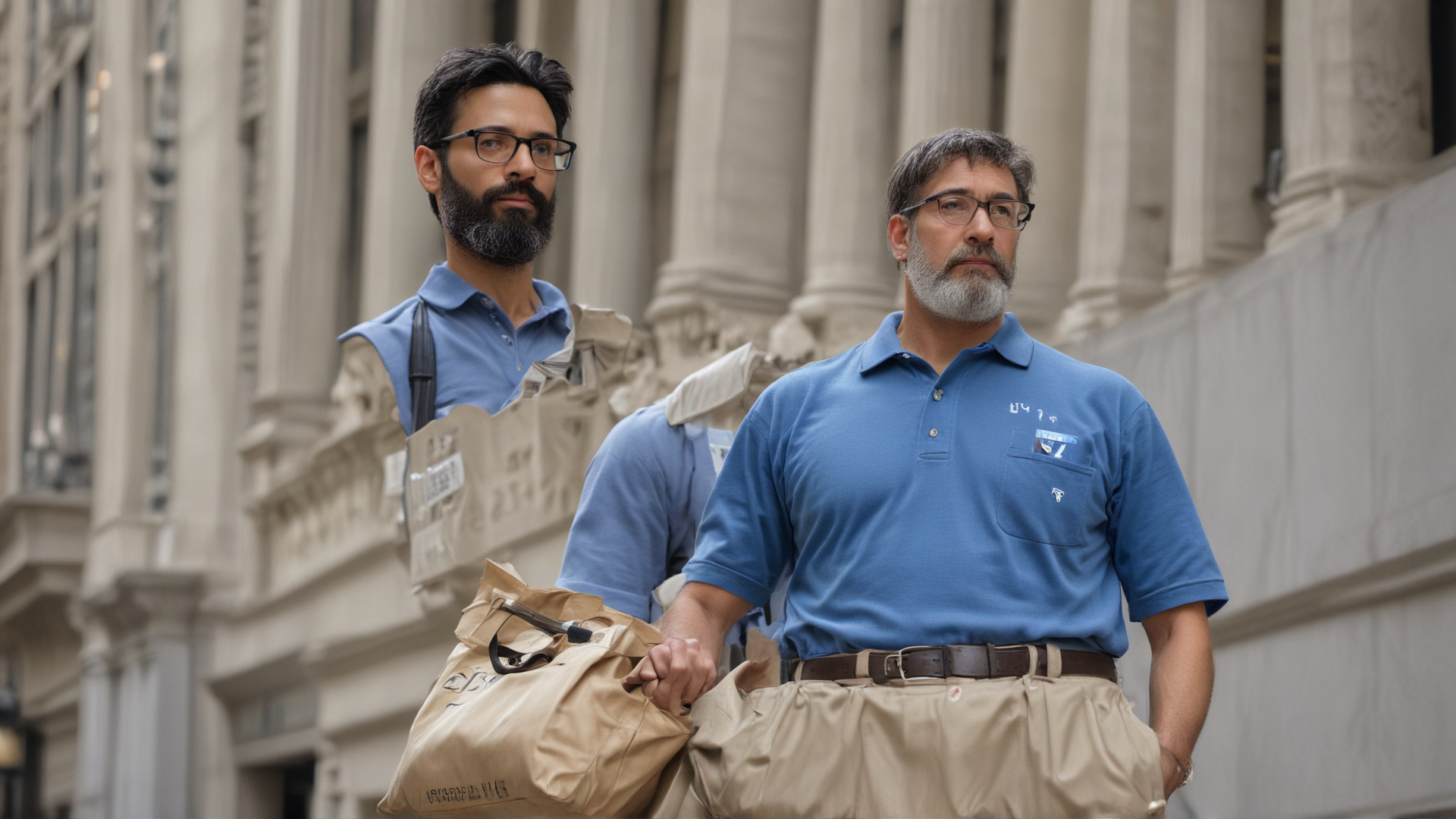 A robot and a man stand side by side on top of the New York Stock Exchange building. The man, with black hair streaked with grey and a thin salt-and-pepper beard, wears glasses, a blue polo shirt with a pocket, and khaki pants. The man has just dropped a large banking bag of money with a large $ printed clearly on the bag. The robot has simultaneously dropped a cat. Both are looking down as they watch curiously from the top of the building as the money and the cat fall to the street below.