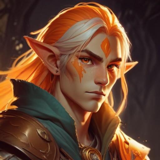 A fifth-edition dungeons and dragons characer who is a young male eladrin druid with orange luminous skin, a low strength.