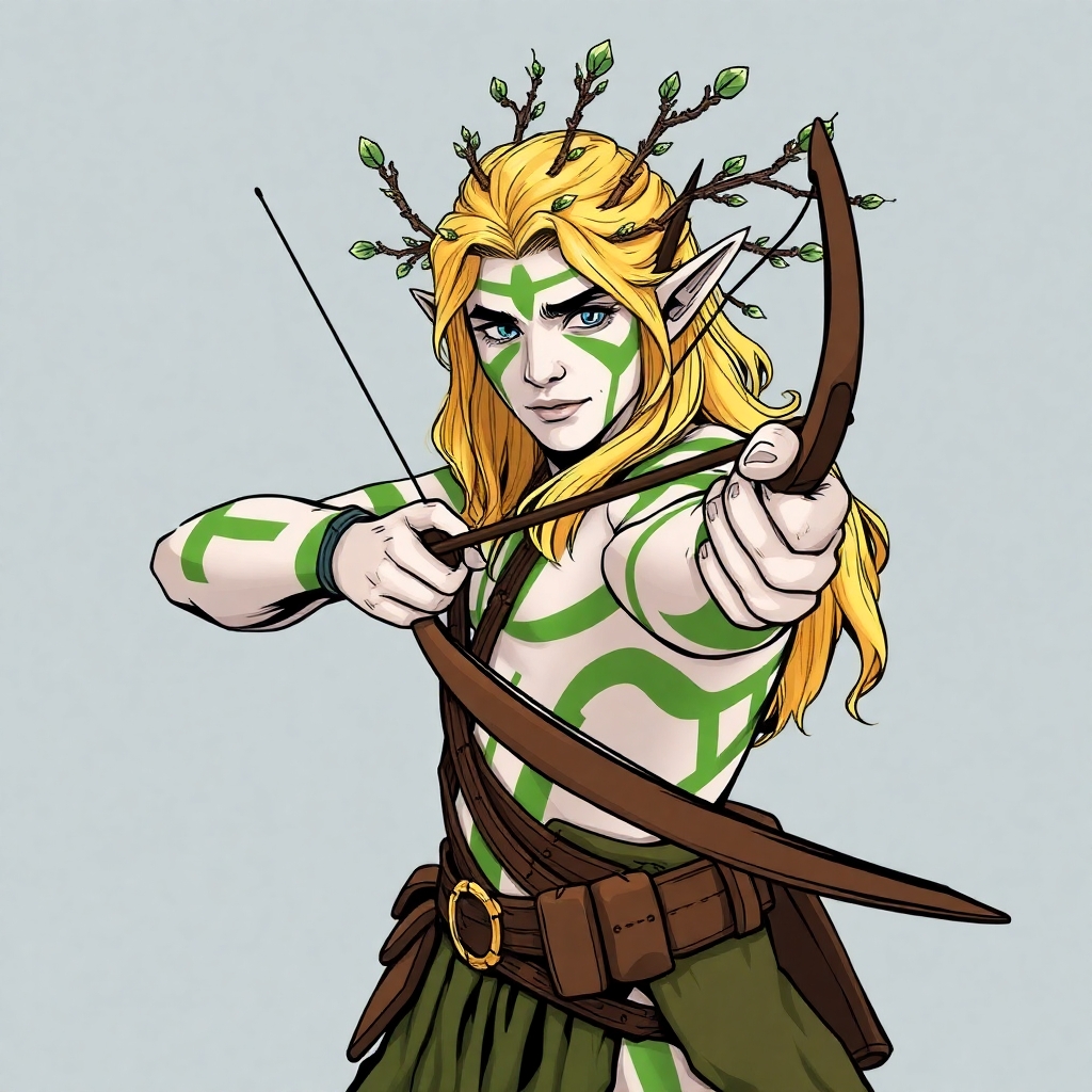 A warhammer fantast wood elf. Tall and blonde with tree branches decorating his hair and his pale white skin painted with green stripes. Armed with a longbow ready to shoot. Drawn in comic style