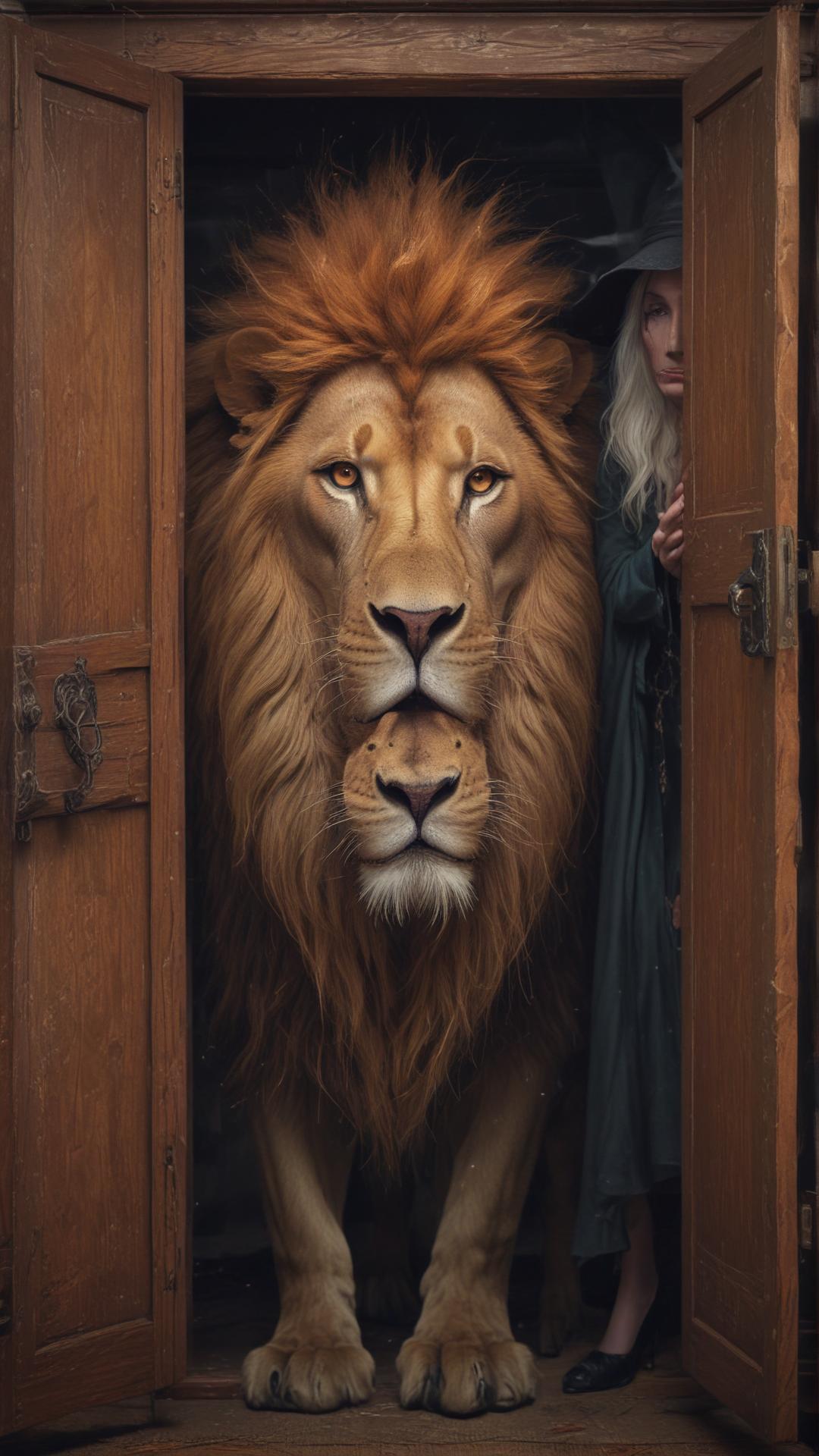 a lion and a witch look through a wardrobe