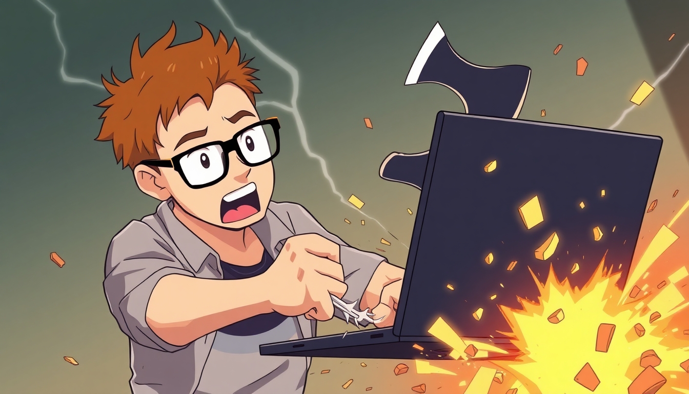 A software developer with short brown hair and glasses smashing his laptop with an axe.