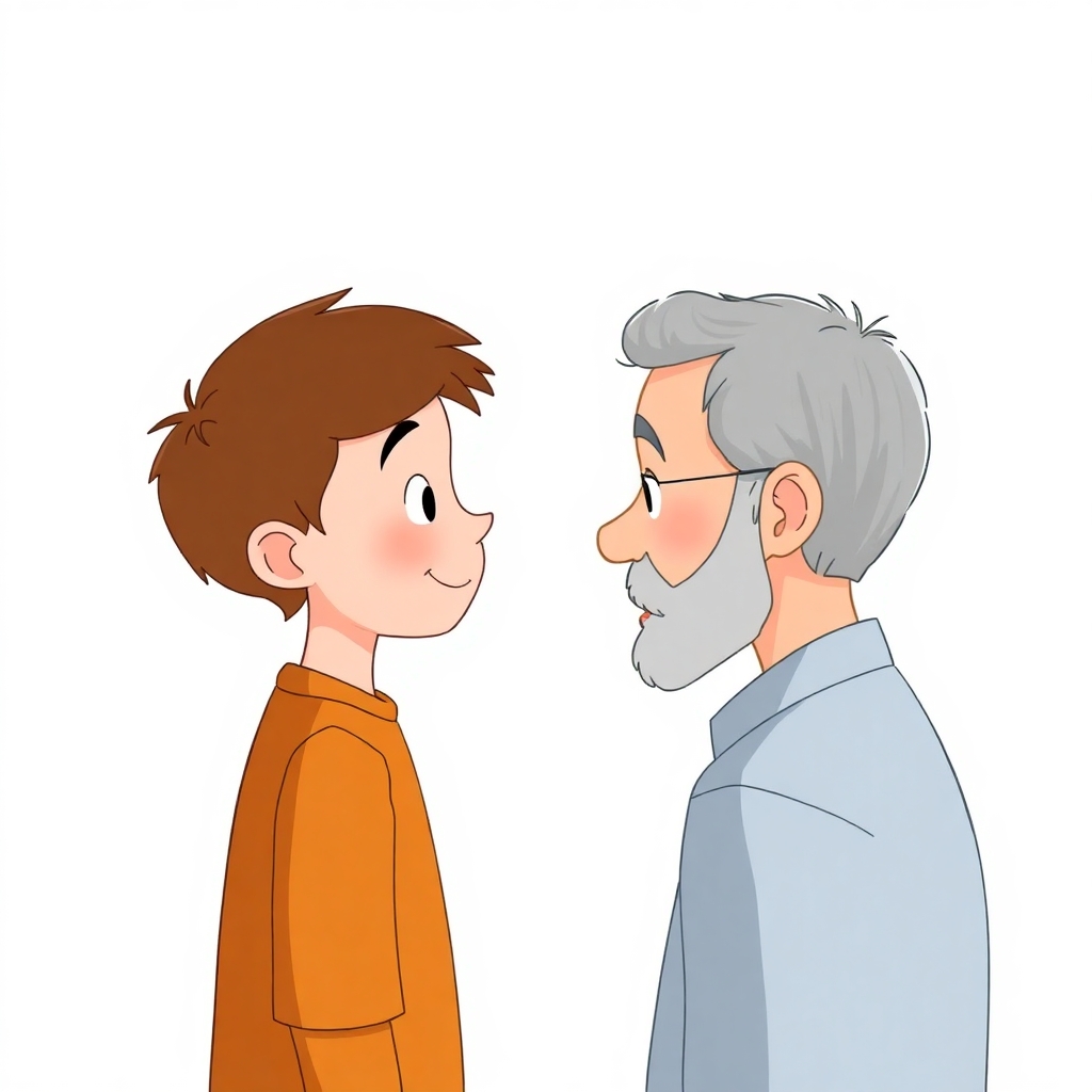 a cartoon drawn little boy with brown hair and his grandfather with short gray hair and no beard from the side view looking at each other. https://www.imagiyo.com/images/mxkaz6Y5aJ0P/view
