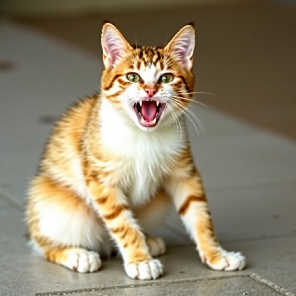 Cat boy showing his fangs kneeling down