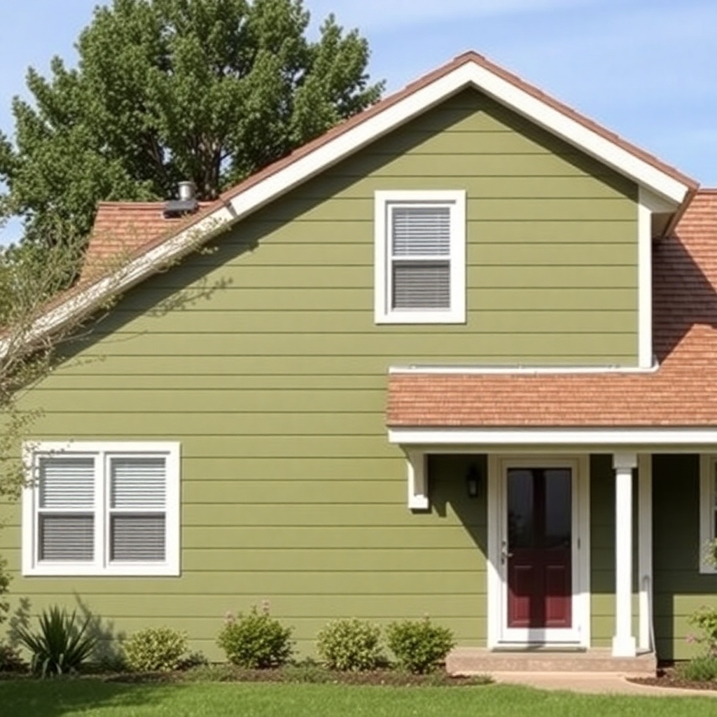 olive drab green house with light brown roof