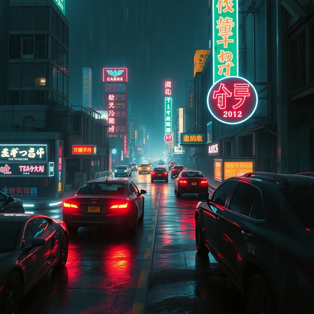 A neon-lit cyberpunk with flying cars, rainy night, glowing signs in Japanese, viewed from a rooftop, blade runner style, high details, photorealistic