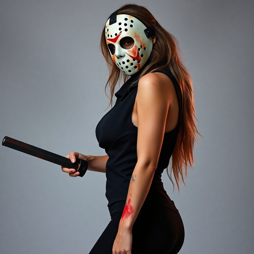 Create a 21 year old female Jason voorhees in their sexy form fitting costume