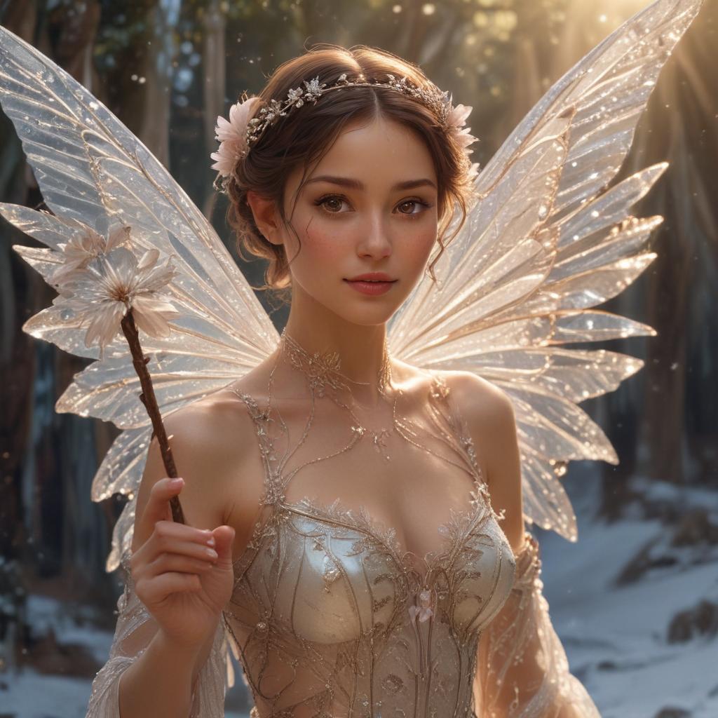 A mystical fairy in shimmering crystal wings, holding flower patterned wand, Brown eyes, epic nature and ice bending shot, Video Art art, super high detail, and a sign saying "Mary"