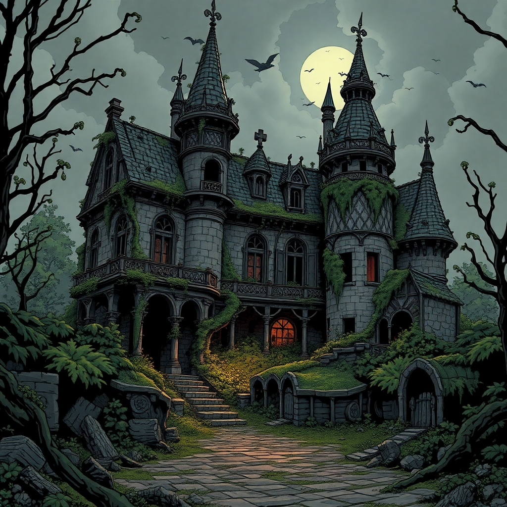 A once grand but now ruined, overgrown and collapsing noble estate in the city of Mordheim drawn in a comic gothic style.