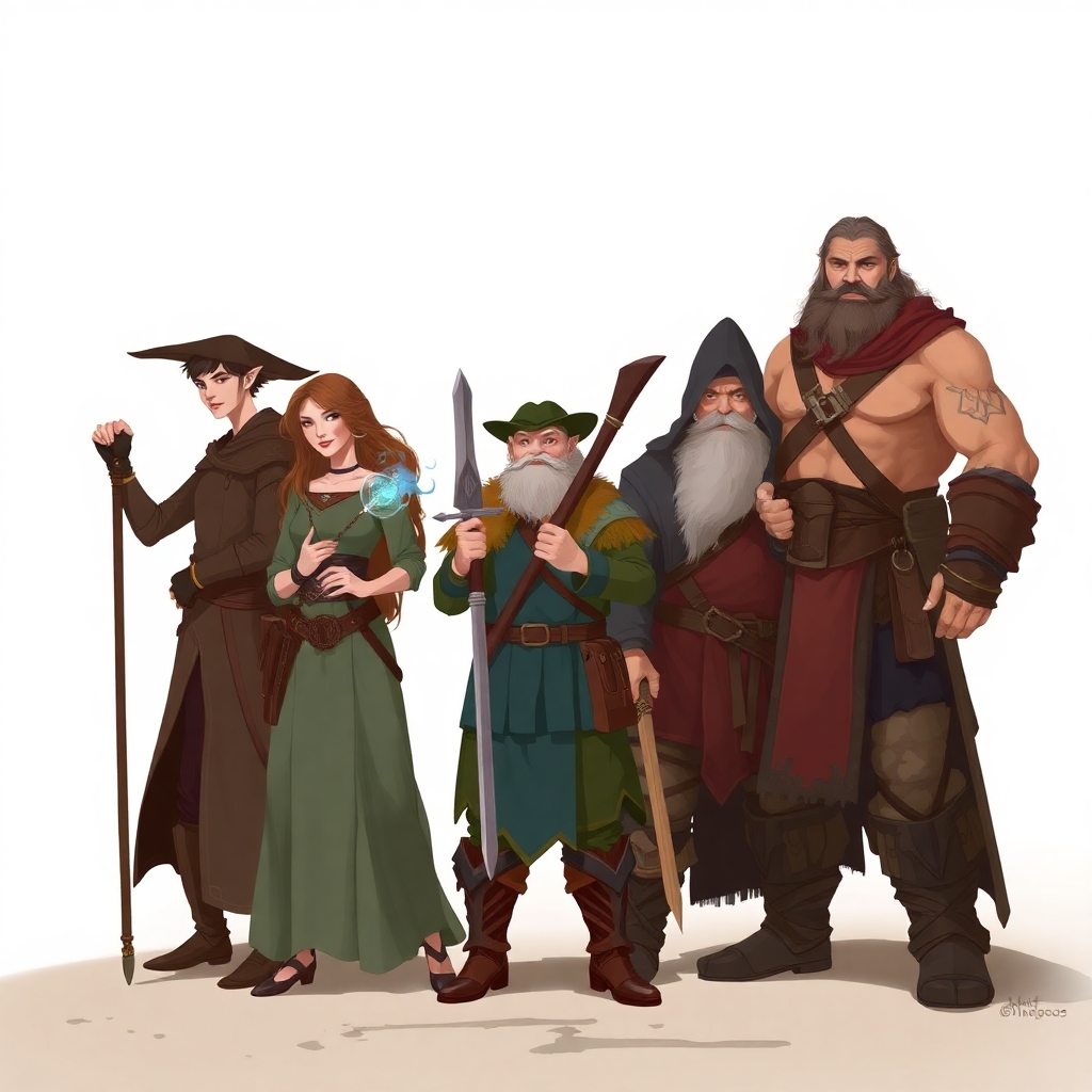 A five member dungeons and dragons adventuring party consisting of: A thin male elven rogue, a female half-elf cleric/warlock, a female half-elf sorceror/warlock, a short but wide male dwarven ranger, and a very tall male half-giant barbarian/paladin.