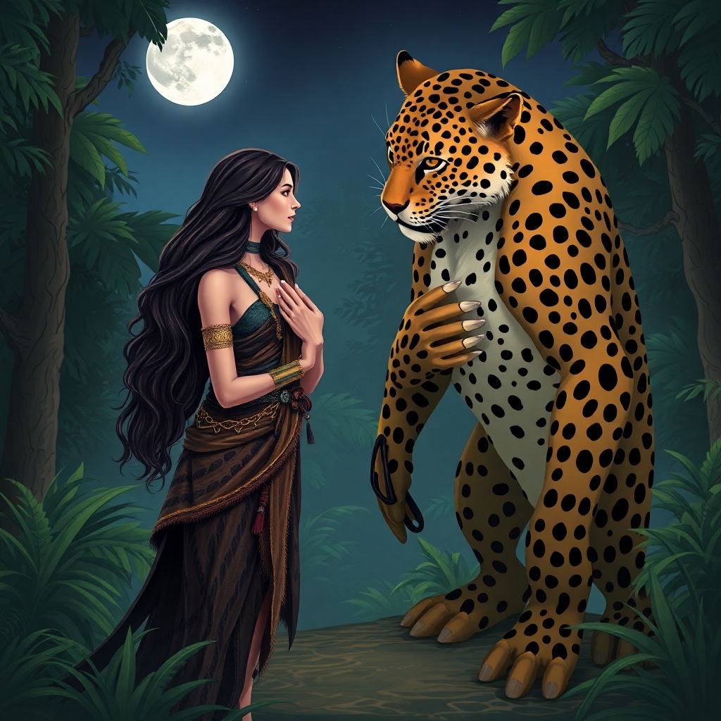 A mysterious beautiful female Druid wearing an animal skin standing side to the camera facing a powerful humanoid leopard man. Her hand is resting on his chest. They are in a jungle clearing on a moonlit night.