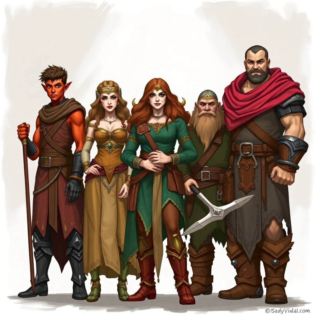A five member dungeons and dragons adventuring party consisting of: A red-skinned thin male elven rogue, an adrogynous female half-elf cleric/warlock, a curvy female half-elf sorceror/warlock, a short but wide male dwarven ranger, and a very tall male half-giant barbarian/paladin.