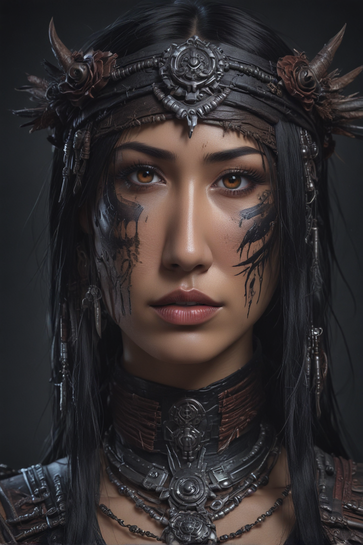 Design a photo realistic portrait of a woman with dark makeup and makeup art, set in a dark concept art style. Cowboy Shot, She is an Asian maiden shaman, blending dark fantasy with realism to create a hyper detailed fantasy character. The portrait captures a cyberpunk angry gorgeous Latina warrior, with a fantasy concept art style. It depicts a female necromancer, in a cyberpunk horror style. Her outfit should be minimal and barely there. The image should be a full body portrait, head to toe. Each pose should be different to show her both from the front and from the back. The dark fantasy character design should be in 4K concept art and hyper realism. Use detailed and vague sentences to emphasize the FLUX on her breasts, ensuring they are the central focus with intricate details and shadows.