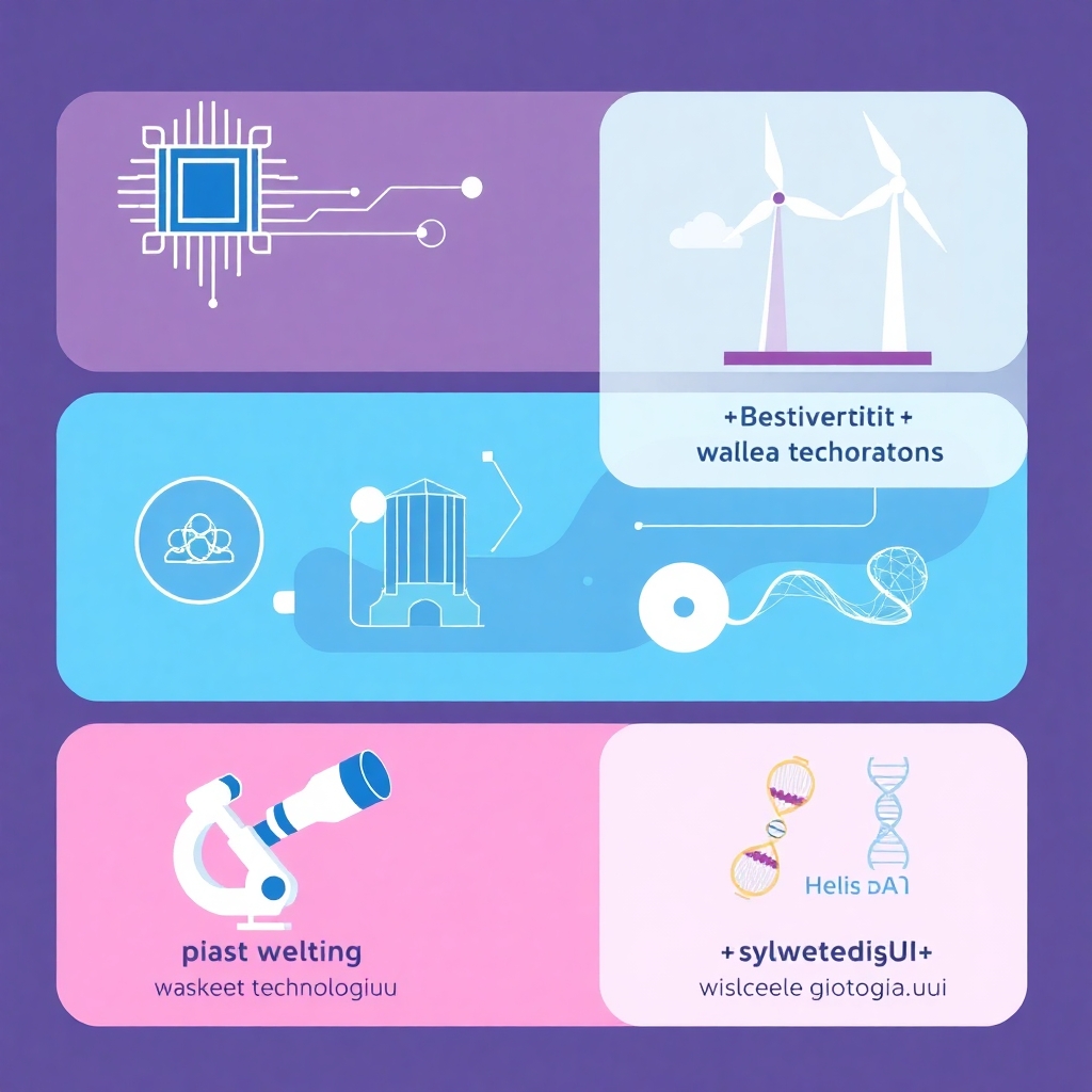 Stwórz nowoczesną grafikę wektorową w stylu flat design, podzieloną na trzy poziome sekcje. Użyj kolorystyki: granatowy, zieleń, akcenty żółci i bieli. Każda sekcja prezentuje inny obszar technologii wspieranych przez UE w ramach STEP: – pierwsza sekcja: ikona mikrochipu i liścia (cyfrowe + zielone technologie) – druga sekcja: turbina wiatrowa i mikroskop (OZE + nauki przyrodnicze) – trzecia sekcja: helisa DNA i sylwetka instytucji (biotechnologie + wsparcie UE) Bez żadnych napisów. Układ symetryczny, estetyczny, profesjonalny, z naciskiem na symbolikę innowacji i rozwoju. Na obrazie nia ma być żadnych napisów