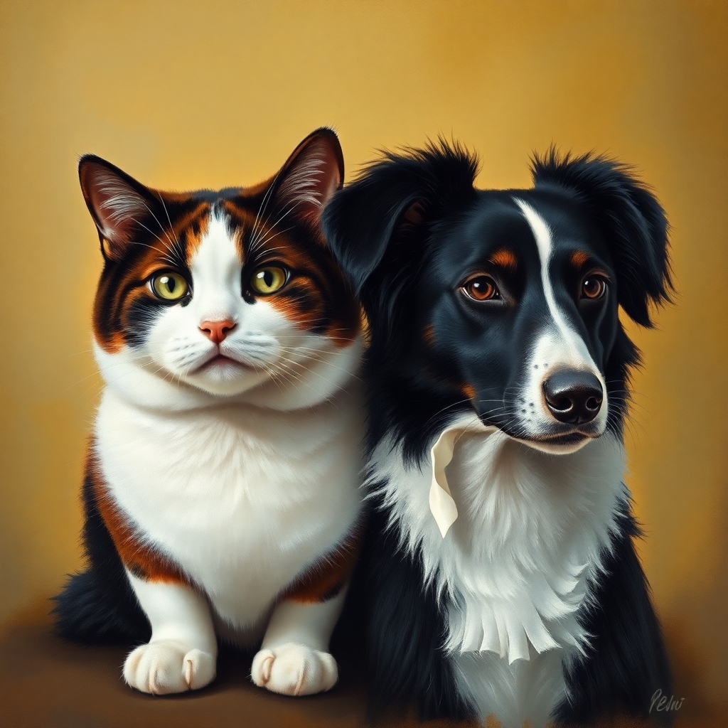 A classic oil painting portrait of a chubby tricolor female cat and a slender female Border Collie with the right side of her face black. Both animals are portrayed with serene expressions, the cat appearing plump and graceful, and the Border Collie looking alert and elegant. The lighting is soft and natural, with warm, golden tones, creating a timeless, vintage feel reminiscent of a Rembrandt painting. The brushstrokes are soft and detailed, highlighting the personalities of both animals