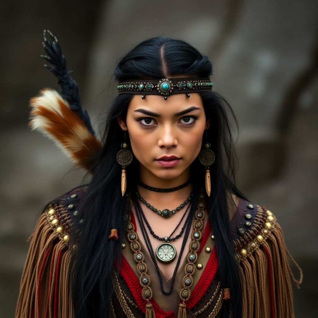 Create a character that looks and is inspired by Amber Midthunder’s Naru from the film Prey.  She is First Nations indigenous ensure she is dressed as a First Nations warrior from that era would dress like in the film