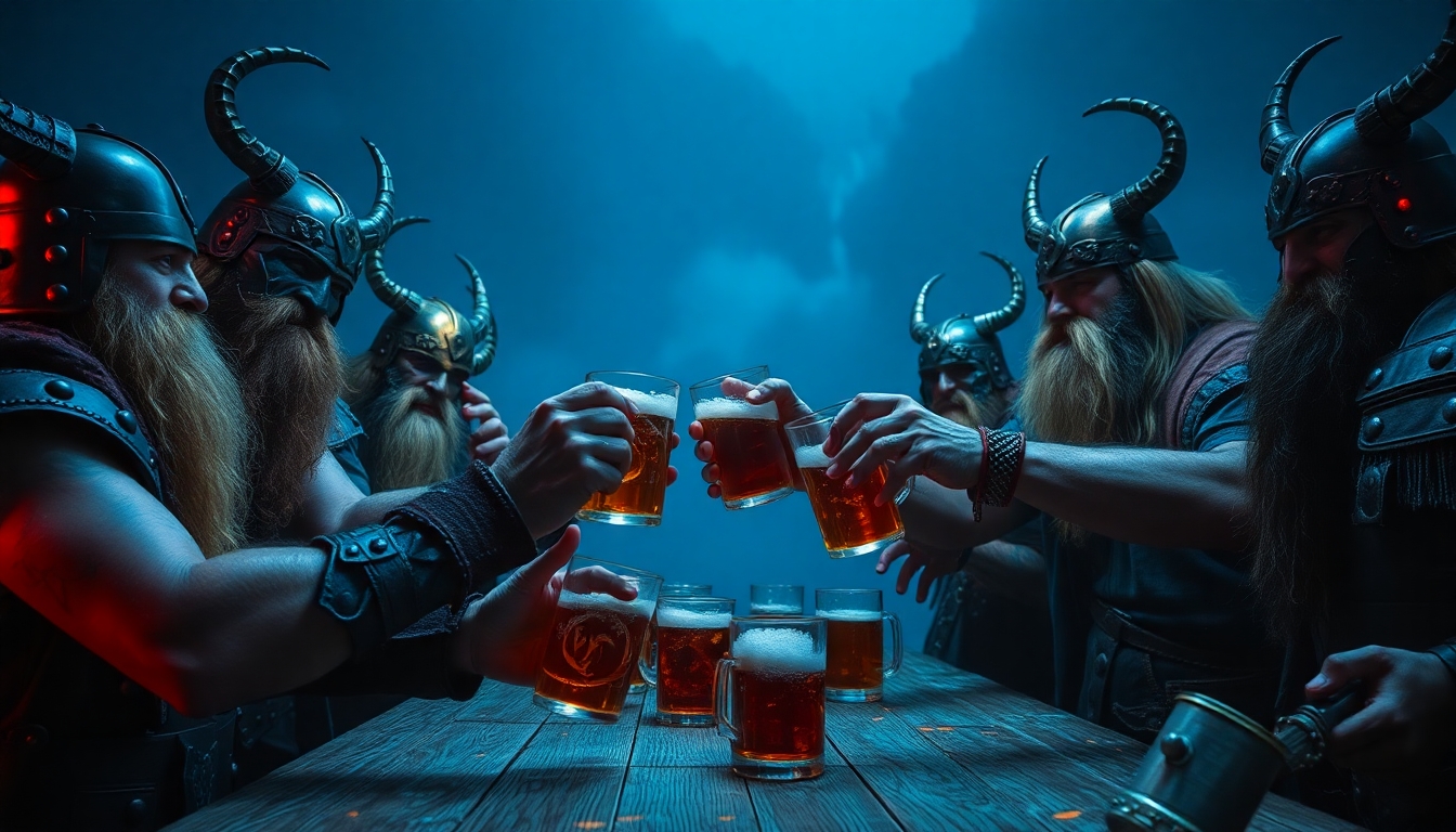 a group of heavy metal Vikings drinking met and salute each other.