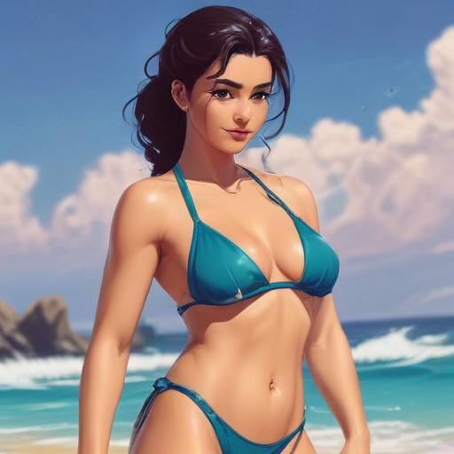 Create a ghilbi style image of ziva david in a bikini