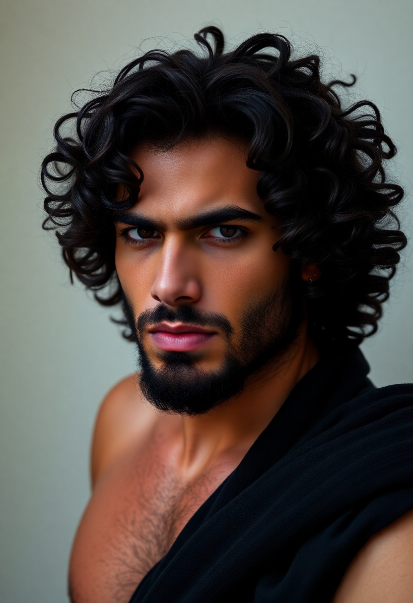 Sexy man with curly long hair and short beard. He is in his twenties. he has thick lips. He is toned but not overly muscular. Aggressive look. Arabic features.
