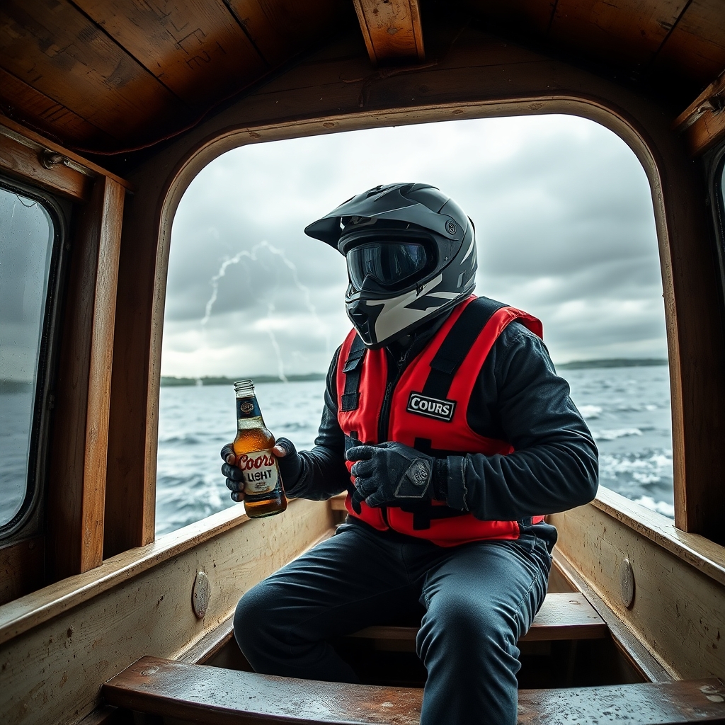 Man in inside houseboat crouched wearing a motorcycle helmet, life vest and clutching a coors light beer during a severe thunderstorm with strong winds