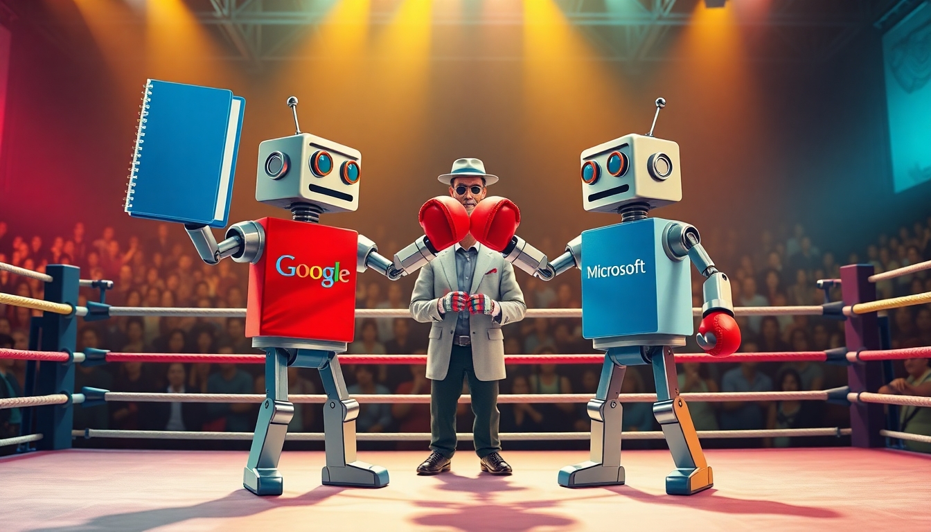 Create a vibrant, eye-catching illustration of two classic Rock'em Sock'em-style robots in a boxing ring. One robot is wearing a Google-branded T-shirt, and the other is wearing a Microsoft-branded T-shirt. Instead of boxing with their fists, each robot is wielding a large, colorful notebook binder as a playful weapon. One binder is blue, the other is red. The scene is being refereed by a third robot, styled in a neutral metallic color, wearing a hat with the Perplexity logo clearly visible. The atmosphere should be energetic and fun, with the boxing ring set under bright lights and a lively, tech-inspired audience in the background. The overall style should be polished, modern, and suitable for use in a professional technology blog or publication. Avoid using any copyrighted logos; use suggestive branding (such as color schemes and general design elements) to represent Google, Microsoft, and Perplexity.