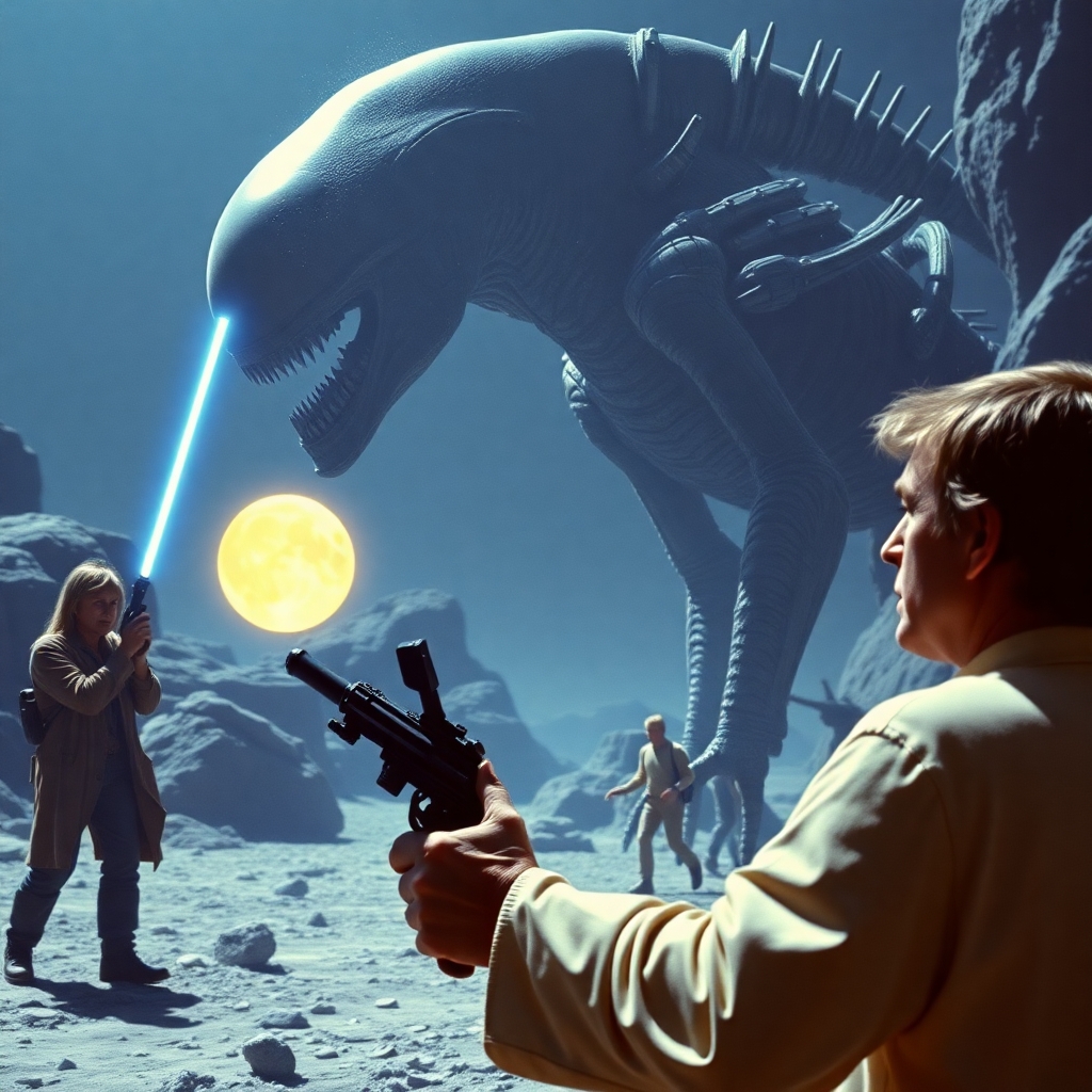 photorealistic image evoking Star Wars IV A New Hope, The Omega Man, Alien, Battlestar Galactica and other 1970s science fiction movies