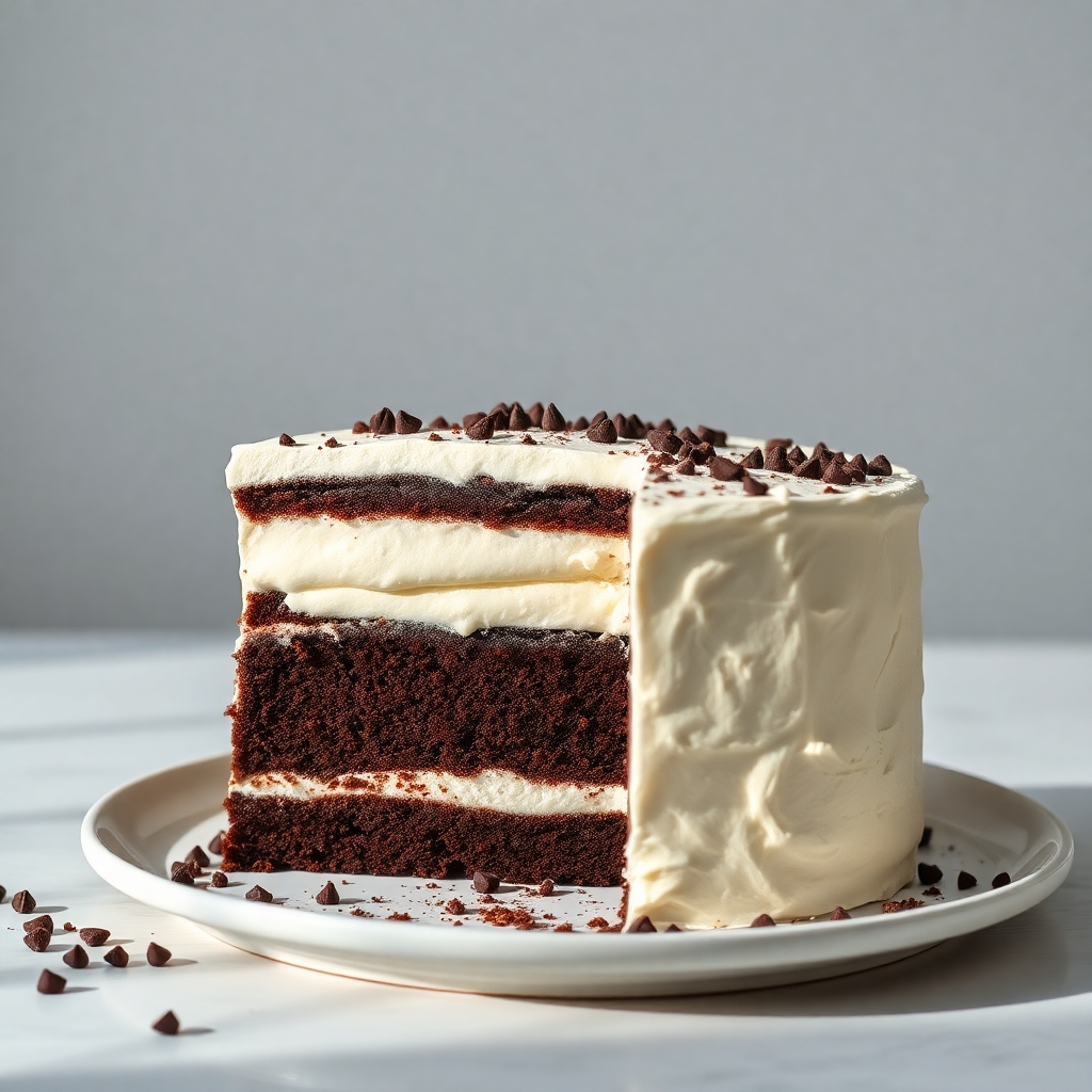 High chocolate cake with cream layers, natural studio lighting from the side
