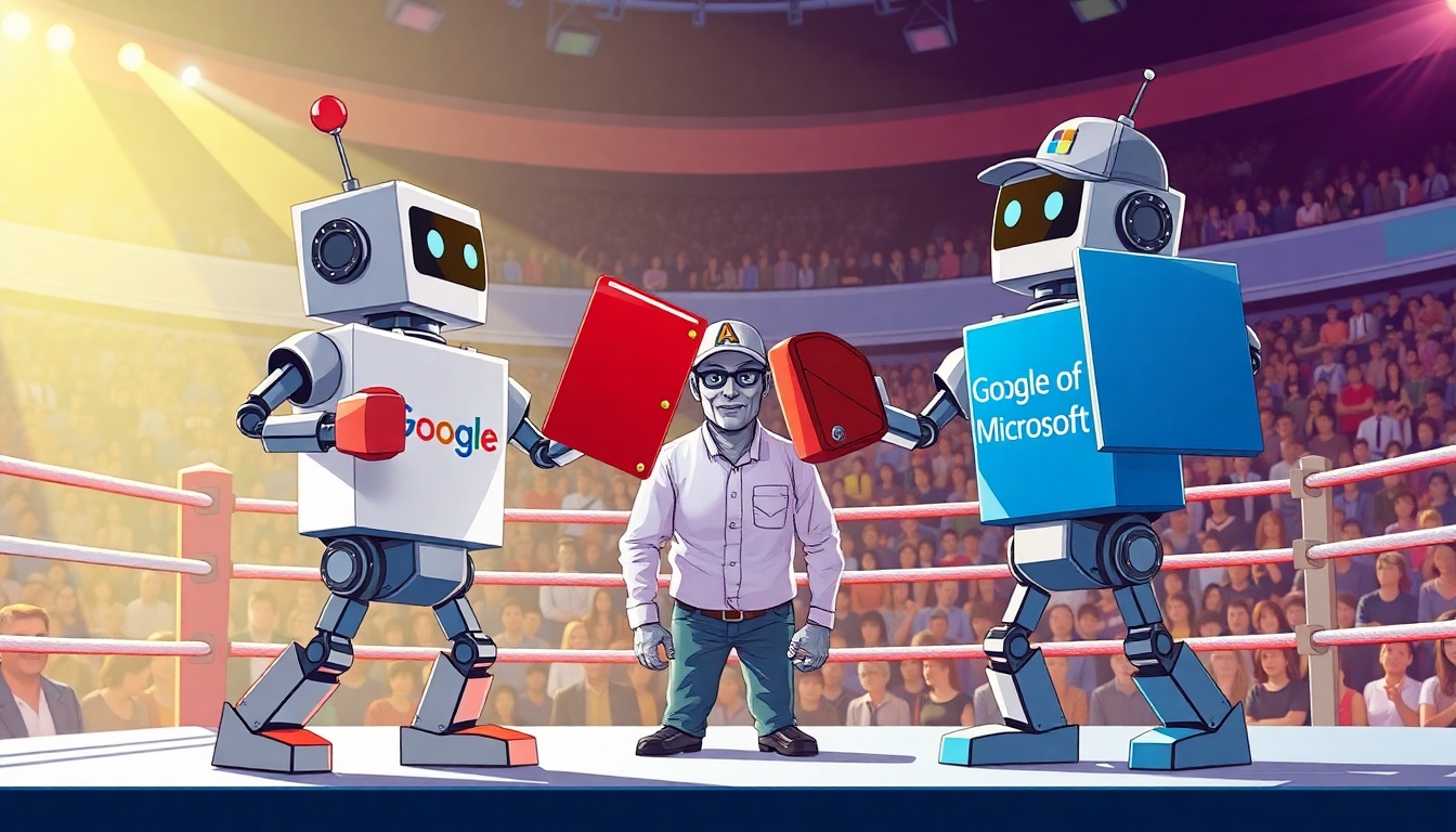 Create a vibrant, eye-catching illustration of two classic Rock'em Sock'em-style robots in a boxing ring. One robot is wearing a Google-branded T-shirt, and the other is wearing a Microsoft-branded T-shirt. Instead of boxing with their fists, each robot is wielding a large, notebook binder as a playful weapon. The Google robot has a blue binder, the Microsoft robot has a red binder. The scene is being refereed by a third robot, styled in a neutral metallic color, wearing a baseball cap with the Perplexity.ai logo clearly visible. The atmosphere is energetic and fun, with the boxing ring set under bright lights and a lively, tech-inspired audience in the background. The overall style should be polished, modern, and suitable for use in a professional technology blog or publication. Avoid using any copyrighted logos; use suggestive branding (such as color schemes and general design elements) to represent Google, Microsoft, and Perplexity.ai.